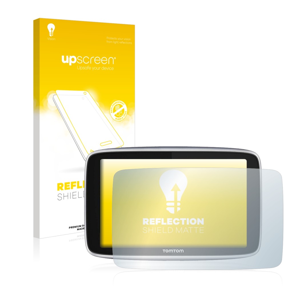 Vorderseite einer Produktverpackung mit dem Markenlogo upscreen. Daneben ist das Gerät TomTom GO Premium (5