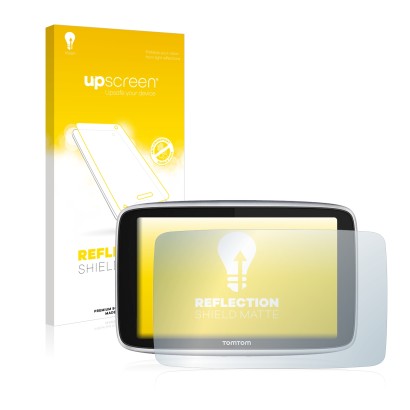 Vorderseite einer Produktverpackung mit dem Markenlogo upscreen. Daneben ist das Gerät TomTom GO Premium (5") mit dem zugehöri