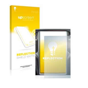 Vorderseite einer Produktverpackung mit dem Markenlogo upscreen. Daneben ist das Gerät Tesla Model X mit dem zugehörigen Displ