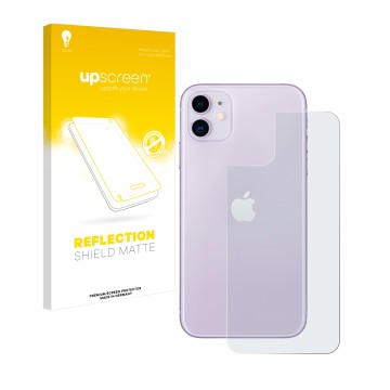 Vorderseite einer Produktverpackung mit dem Markenlogo upscreen. Daneben ist das Gerät Apple iPhone 11 (Rückseite) mit dem zug