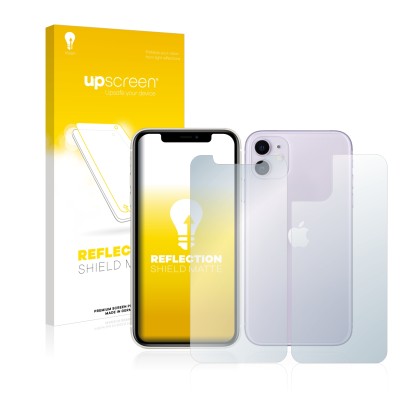 Face avant d’un emballage produit avec le logo de la marque upscreen. À côté, l’appareil Apple iPhone 11 (Avant+Arrière) est r
