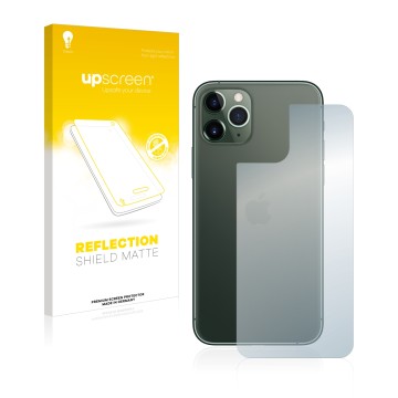 Face avant d’un emballage produit avec le logo de la marque upscreen. À côté, l’appareil Apple iPhone 11 Pro (Arrière) est rep