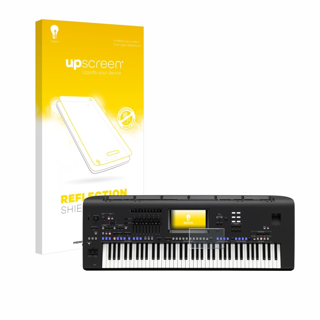 Parte frontale di una confezione del prodotto con il logo del marchio upscreen. Accanto è raffigurato il dispositivo Yamaha Ge