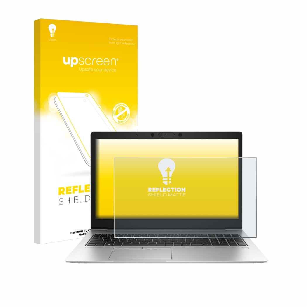 Face avant d’un emballage produit avec le logo de la marque upscreen. À côté, l’appareil HP EliteBook 850 G6 est représenté av