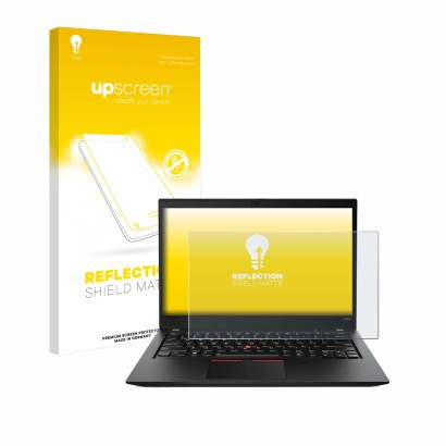 Front side of a product packaging with the brand logo upscreen. Next to it is the device Lenovo ThinkPad T490s shown with the 