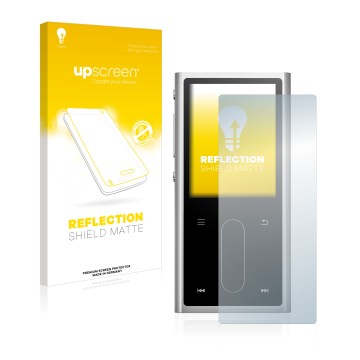 Face avant d’un emballage produit avec le logo de la marque upscreen. À côté, l’appareil FiiO M3K est représenté avec la prote