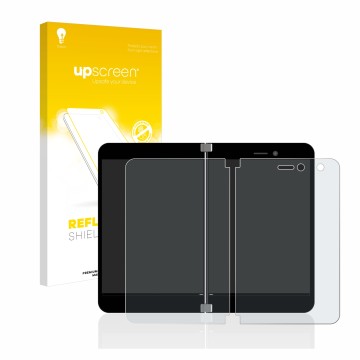 Face avant d’un emballage produit avec le logo de la marque upscreen. À côté, l’appareil Microsoft Surface Duo est représenté 