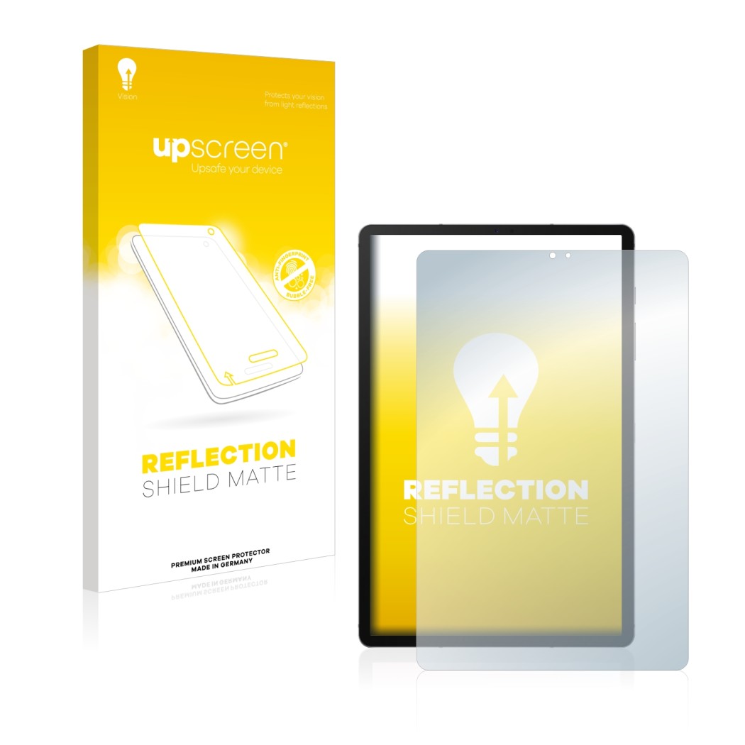 Vorderseite einer Produktverpackung mit dem Markenlogo upscreen. Daneben ist das Gerät Samsung Galaxy Tab S6 2020 mit dem zuge