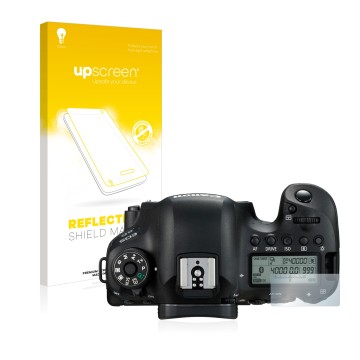 Parte frontale di una confezione del prodotto con il logo del marchio upscreen. Accanto è raffigurato il dispositivo Canon EOS