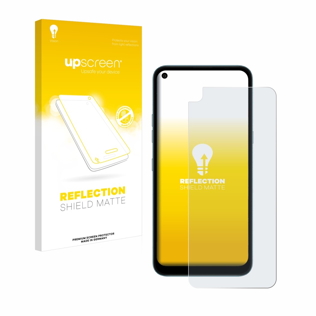 Parte frontal de un envase de producto con el logotipo de la marca upscreen. Al lado se muestra el dispositivo LG K61 con su p