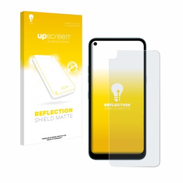 Parte frontal de un envase de producto con el logotipo de la marca upscreen. Al lado se muestra el dispositivo LG K61 con su p