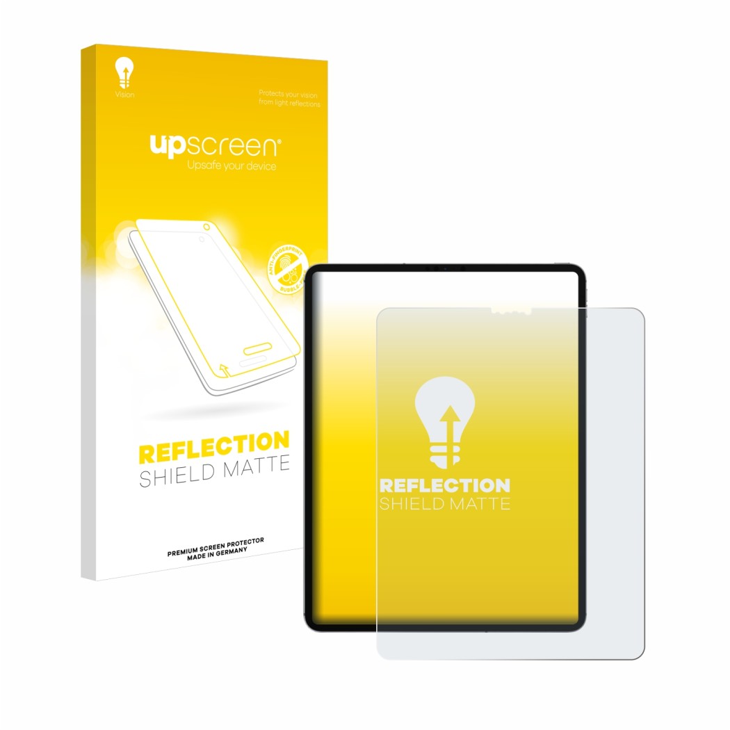 Face avant d’un emballage produit avec le logo de la marque upscreen. À côté, l’appareil Apple iPad 12.9