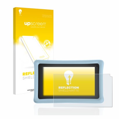 Face avant d’un emballage produit avec le logo de la marque upscreen. À côté, l’appareil Pebble Gear 7" Kids Tablet est représ