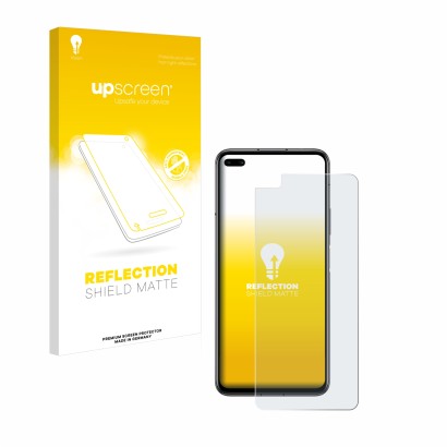 Parte frontal de un envase de producto con el logotipo de la marca upscreen. Al lado se muestra el dispositivo Honor Play 4 Pr