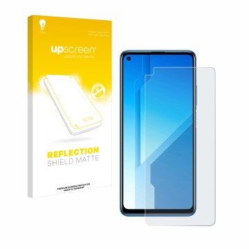 Parte frontal de un envase de producto con el logotipo de la marca upscreen. Al lado se muestra el dispositivo Honor Play 4 co