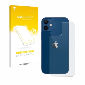 Face avant d’un emballage produit avec le logo de la marque upscreen. À côté, l’appareil Apple iPhone 12 (Arrière) est représe