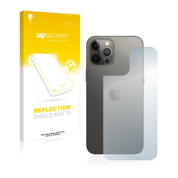 Face avant d’un emballage produit avec le logo de la marque upscreen. À côté, l’appareil Apple iPhone 12 Pro Max (Arrière) est