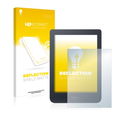 Face avant d’un emballage produit avec le logo de la marque upscreen. À côté, l’appareil Kobo Nia est représenté avec la prote