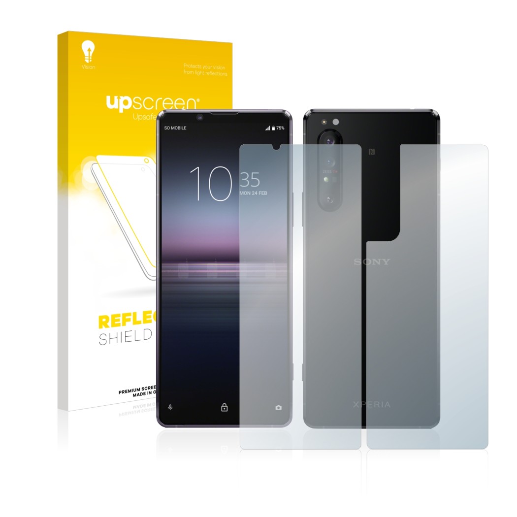 Front side of a product packaging with the brand logo upscreen. Next to it is the device Sony Xperia 1 II (Front+Back) shown w
