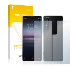 Front side of a product packaging with the brand logo upscreen. Next to it is the device Sony Xperia 1 II (Front+Back) shown w