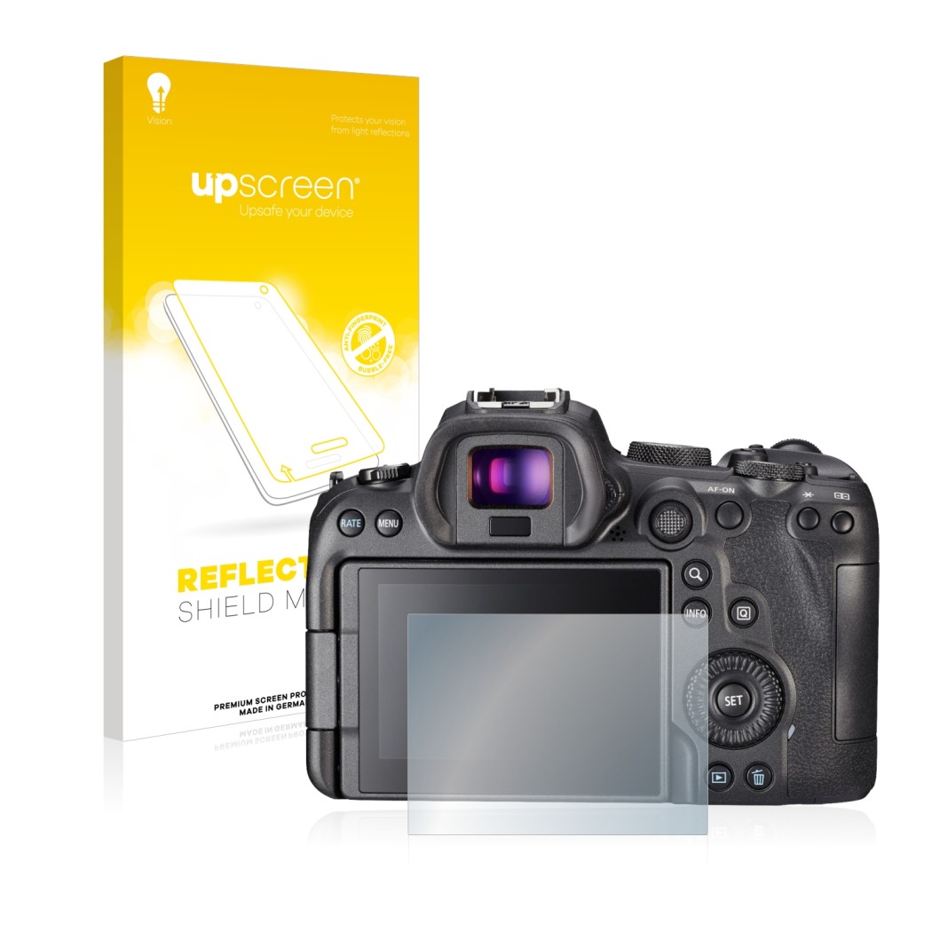 Parte frontal de un envase de producto con el logotipo de la marca upscreen. Al lado se muestra el dispositivo Sony A7S III co