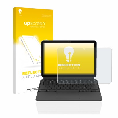 Parte frontal de un envase de producto con el logotipo de la marca upscreen. Al lado se muestra el dispositivo Lenovo IdeaPad 