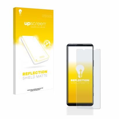 Parte frontale di una confezione del prodotto con il logo del marchio upscreen. Accanto è raffigurato il dispositivo Sony Xper