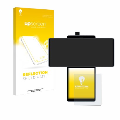 Face avant d’un emballage produit avec le logo de la marque upscreen. À côté, l’appareil LG Wing (Affichage arrière) est repré