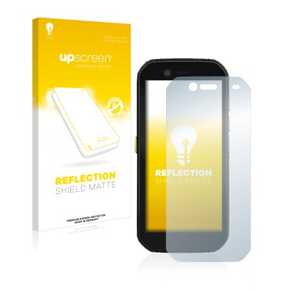 Parte frontal de un envase de producto con el logotipo de la marca upscreen. Al lado se muestra el dispositivo Caterpillar Cat