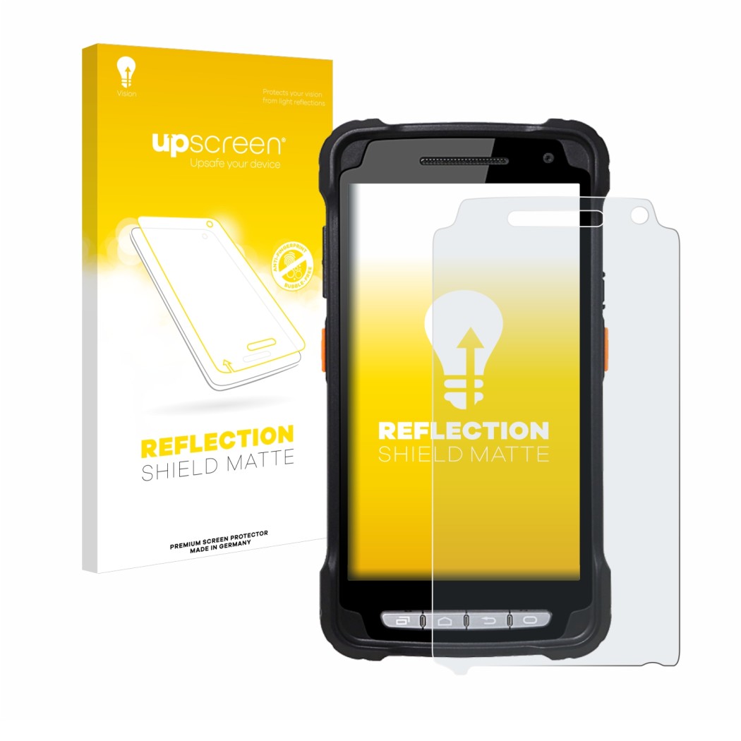 Parte frontal de un envase de producto con el logotipo de la marca upscreen. Al lado se muestra el dispositivo Point Mobile PM