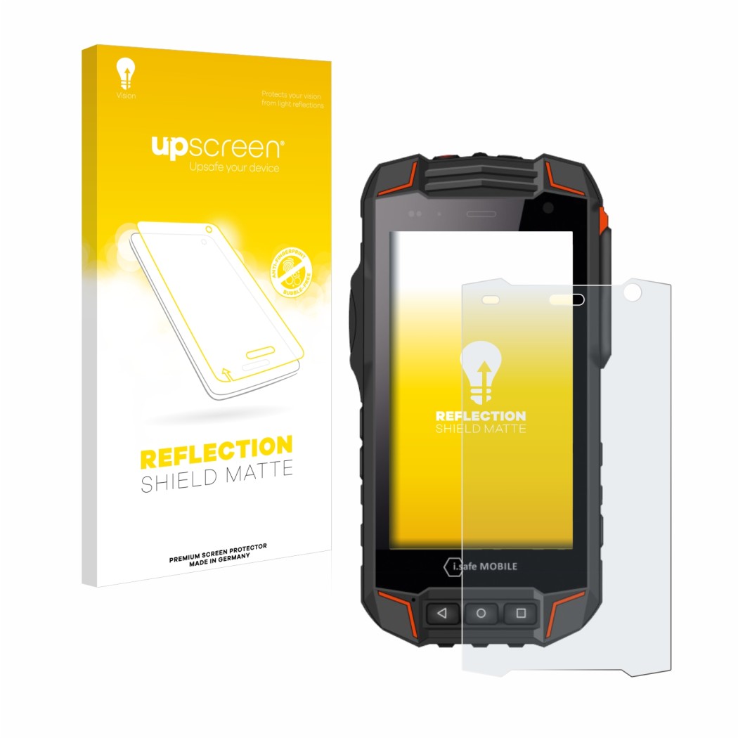 Vorderseite einer Produktverpackung mit dem Markenlogo upscreen. Daneben ist das Gerät i.safe MOBILE IS530.1 mit dem zugehörig