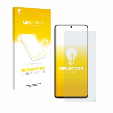 Parte frontal de un envase de producto con el logotipo de la marca upscreen. Al lado se muestra el dispositivo Samsung Galaxy 