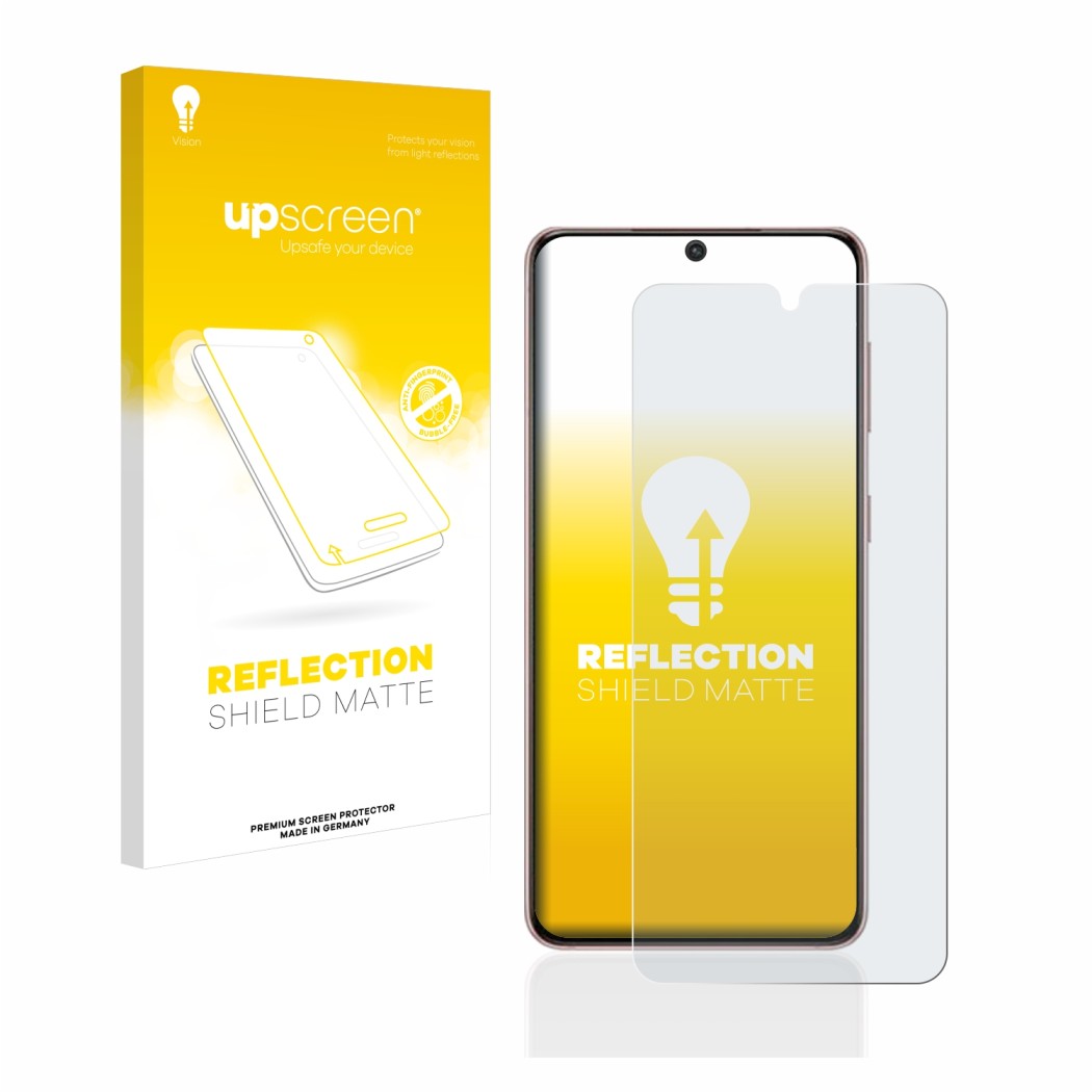 Vorderseite einer Produktverpackung mit dem Markenlogo upscreen. Daneben ist das Gerät Samsung Galaxy S21 5G mit dem zugehörig