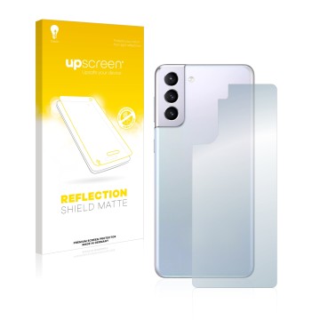 Vorderseite einer Produktverpackung mit dem Markenlogo upscreen. Daneben ist das Gerät Samsung Galaxy S21 5G (Rückseite) mit d