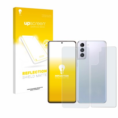 Parte frontal de un envase de producto con el logotipo de la marca upscreen. Al lado se muestra el dispositivo Samsung Galaxy 