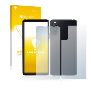 Vorderseite einer Produktverpackung mit dem Markenlogo upscreen. Daneben ist das Gerät Sony Xperia 10 III (Display+Rückseite) 