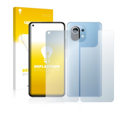 Parte frontal de un envase de producto con el logotipo de la marca upscreen. Al lado se muestra el dispositivo Xiaomi Mi 11 Li