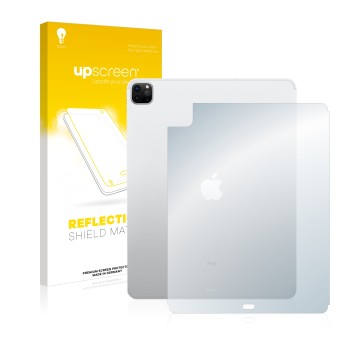 Parte frontal de un envase de producto con el logotipo de la marca upscreen. Al lado se muestra el dispositivo Apple iPad 12.9
