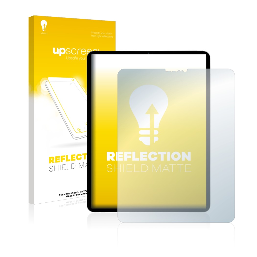 Vorderseite einer Produktverpackung mit dem Markenlogo upscreen. Daneben ist das Gerät Apple iPad Pro 11