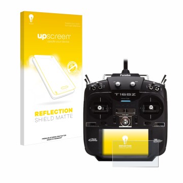 Front side of a product packaging with the brand logo upscreen. Next to it is the device Robbe Futaba T16IZ shown with the cor