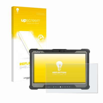 Face avant d’un emballage produit avec le logo de la marque upscreen. À côté, l’appareil Getac A140 est représenté avec la pro