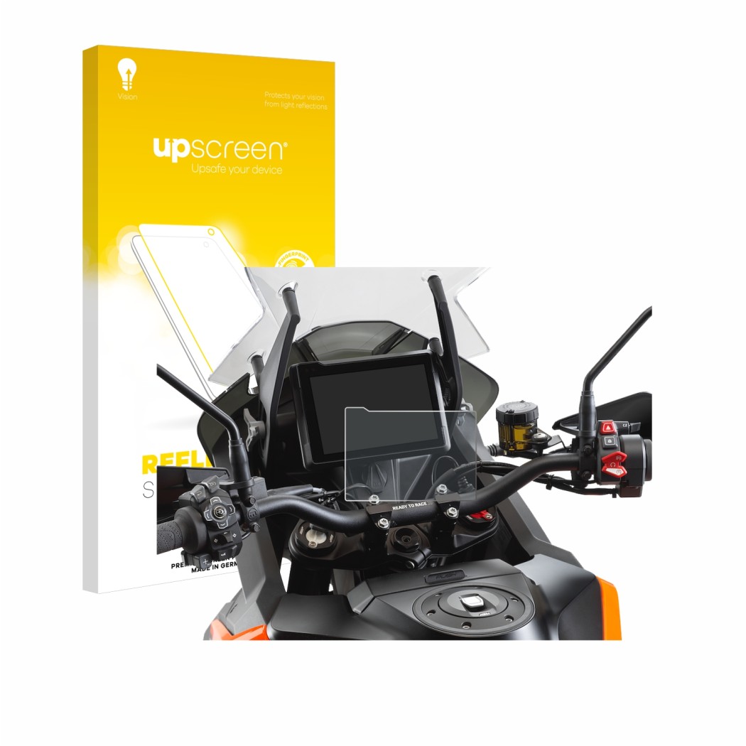 Parte frontale di una confezione del prodotto con il logo del marchio upscreen. Accanto è raffigurato il dispositivo KTM 1290