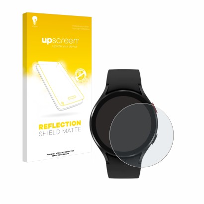 Front side of a product packaging with the brand logo upscreen. Next to it is the device Samsung Galaxy Watch 4 (44mm) shown w