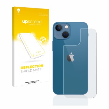 Face avant d’un emballage produit avec le logo de la marque upscreen. À côté, l’appareil Apple iPhone 13 mini (Arrière) est re