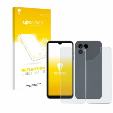 Face avant d’un emballage produit avec le logo de la marque upscreen. À côté, l’appareil Fairphone 4 (Avant+Arrière) est repré