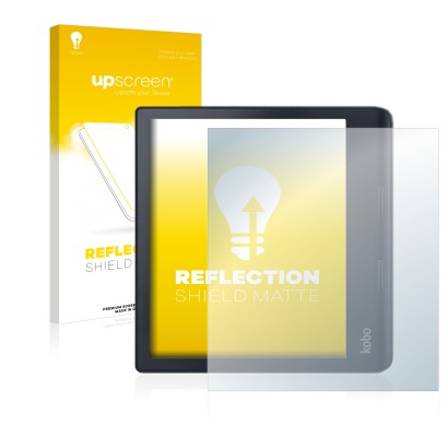 Parte frontal de un envase de producto con el logotipo de la marca upscreen. Al lado se muestra el dispositivo Kobo Sage con s