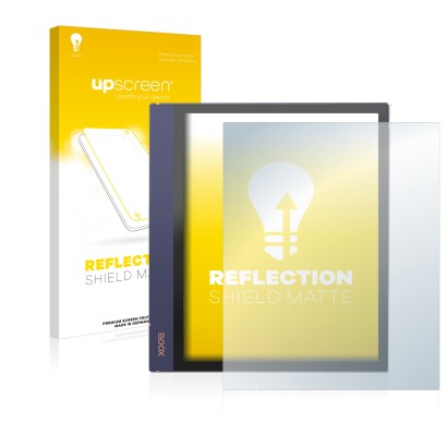 Vorderseite einer Produktverpackung mit dem Markenlogo upscreen. Daneben ist das Gerät Boox Note Air 2 mit dem zugehörigen Dis