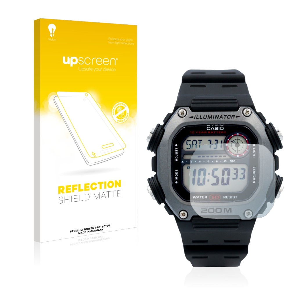 Parte frontale di una confezione del prodotto con il logo del marchio upscreen. Accanto è raffigurato il dispositivo Casio DW-