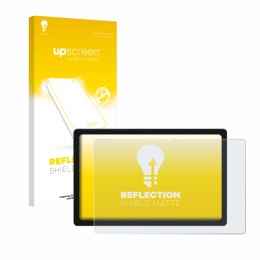 Parte frontal de un envase de producto con el logotipo de la marca upscreen. Al lado se muestra el dispositivo Blackview Tab 1