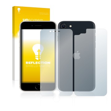 Parte frontal de un envase de producto con el logotipo de la marca upscreen. Al lado se muestra el dispositivo Apple iPhone SE